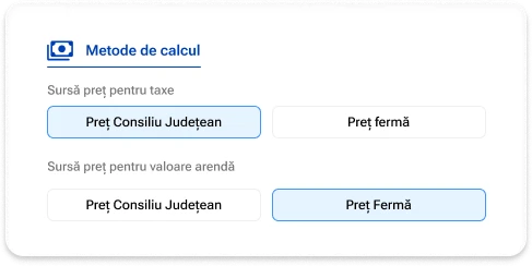 Selectarea sursei de preț (Consiliu Județean sau Preț fermă) pentru taxe și valoarea arendei