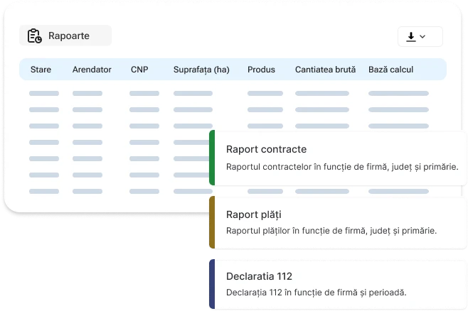 Lista de rapoarte ArendAgro, cu Raport plăți disponibil pentru filtrare pe firmă, județ și primărie