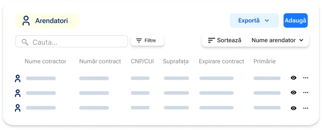 Lista arendatorilor, cu număr contract, CNP/CUI, suprafață, expirare contract și primărie